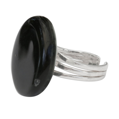 Art glass cocktail ring, 'Gleaming Surface in Black' - Circular Glass Cocktail Ring in Black from Brazil
