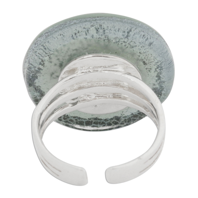 Art glass cocktail ring, 'Gleaming Surface in Lichen' - Circular Art Glass Cocktail Ring in Lichen from Brazil