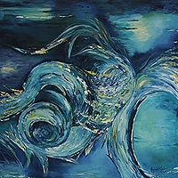 'Blue Universe' - Original Signed Brazilian Oil Painting of the Cosmos in Blue