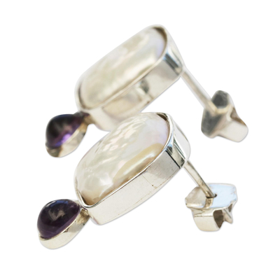Cultured pearl and amethyst drop earrings, 'Gleaming Magnitude' - Cultured Pearl and Amethyst Drop Earrings from Brazil