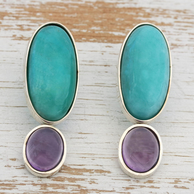 Amazonite and amethyst drop earrings, 'Oval Gleam' - Amazonite and Amethyst Drop Earrings from Brazil