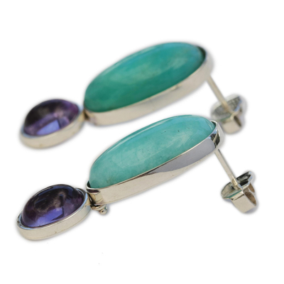 Amazonite and amethyst drop earrings, 'Oval Gleam' - Amazonite and Amethyst Drop Earrings from Brazil