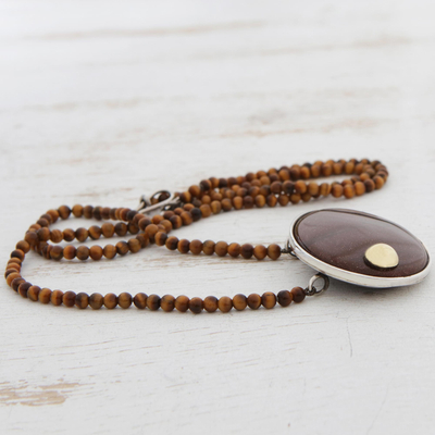 Gold accented sunstone and tiger's eye beaded pendant necklace, 'Sun Ellipse' - Gold Accented Sunstone and Tiger's Eye Pendnat Necklace