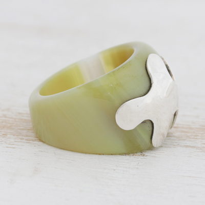 Agate band ring, 'Forest Abstract' - Modern Green Agate and Sterling Silver Band Ring from Brazil