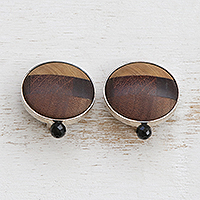 Wood and onyx clip-on earrings, 'Sleek Variety' - Circular Wood and Onyx Clip-On Earrings from Brazil