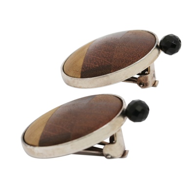 Wood and onyx clip-on earrings, 'Sleek Variety' - Circular Wood and Onyx Clip-On Earrings from Brazil