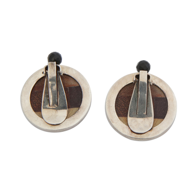 Pendientes de clip de madera y ónix - Pendientes de clip circulares de madera y ónix de Brasil