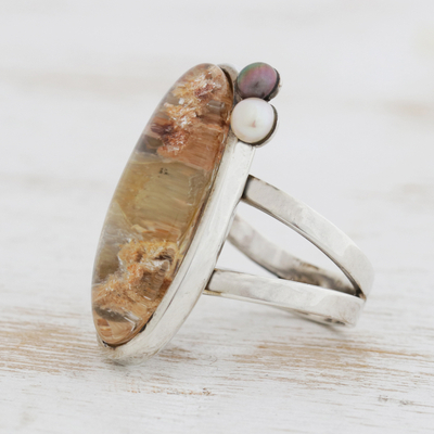 Rutilated quartz and cultured pearl cocktail ring, 'Oval Magnitude' - Rutilated Quartz and Cultured Pearl Cocktail Ring
