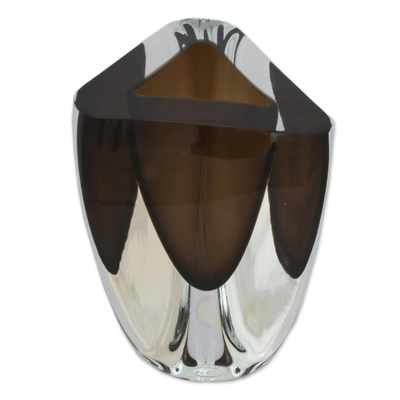 Art glass vase, 'Smoky Triangle' (8.5 inch) - Triangular Art Glass Vase from Brazil (8.5 Inch)