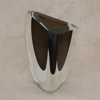 Art glass vase, 'Smoky Triangle' (8.5 inch) - Triangular Art Glass Vase from Brazil (8.5 Inch)