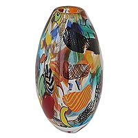 Jarrón de vidrio artístico, 'Colorful Fantasy' - Jarrón de vidrio artístico multicolor inspirado en Murano de Brasil