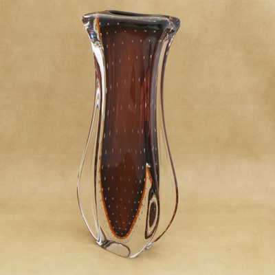 Art glass vase, 'Elegant Hue' - Brown and Clear Art Glass Vase from Brazil