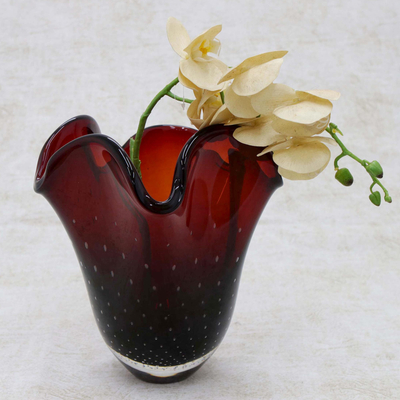 Art glass vase, 'Red Splash' - Handblown Art Glass Vase in Red from Brazil