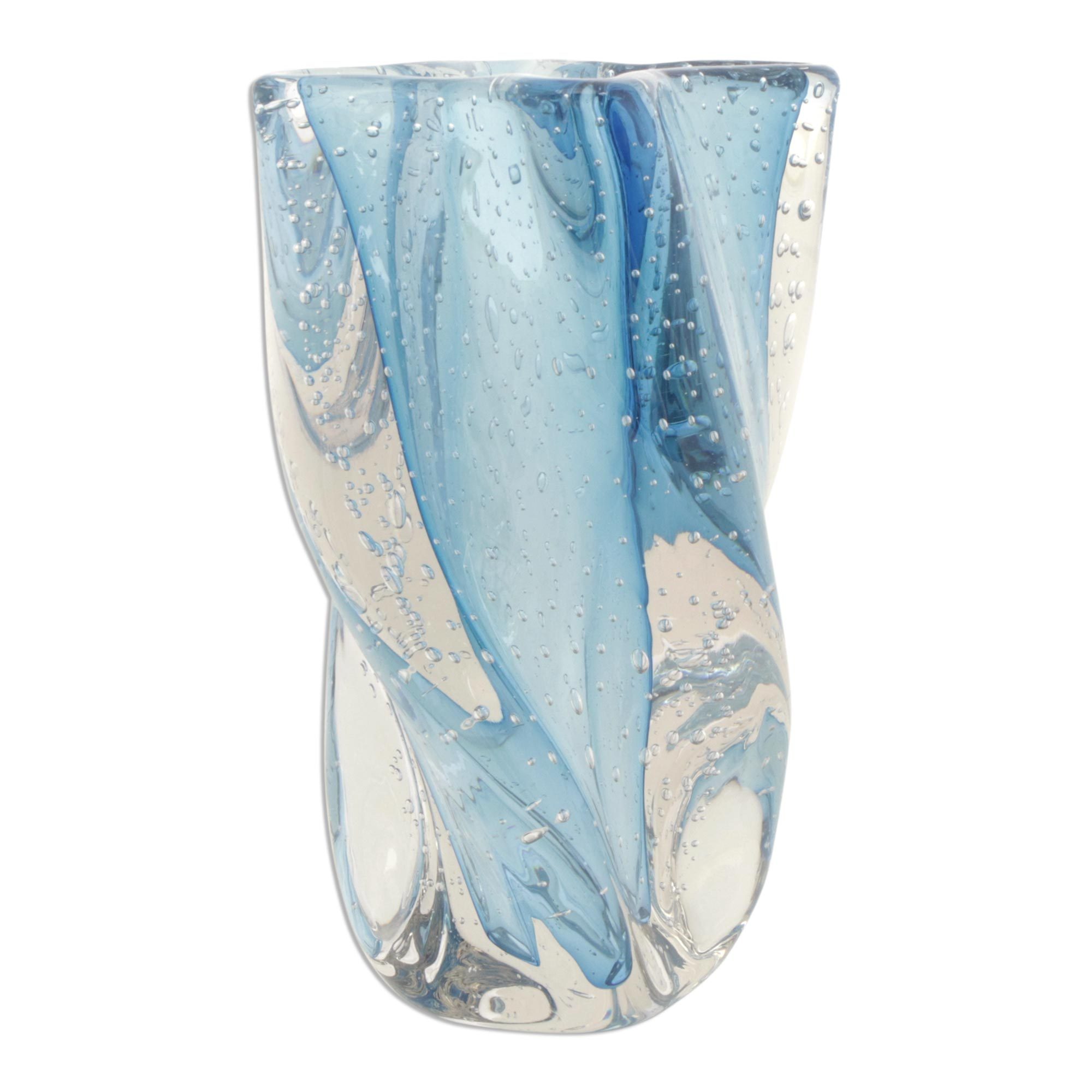 Twisted Art Glass Vase Crafted in Brazil Blue Twist NOVICA
