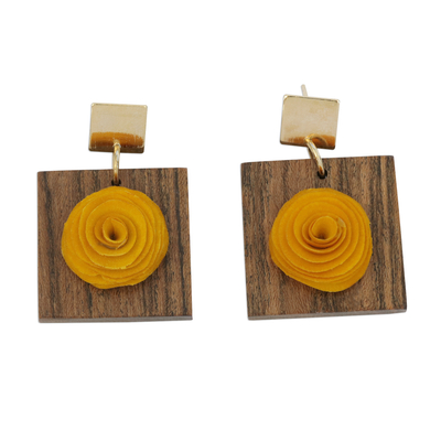 Gold accent wood dangle earrings, 'Sweet Yellow Rose' - Handcrafted Gold Accent Yellow Rose Earrings from Brazil