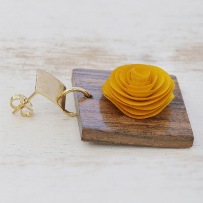 Gold accent wood dangle earrings, 'Sweet Yellow Rose' - Handcrafted Gold Accent Yellow Rose Earrings from Brazil