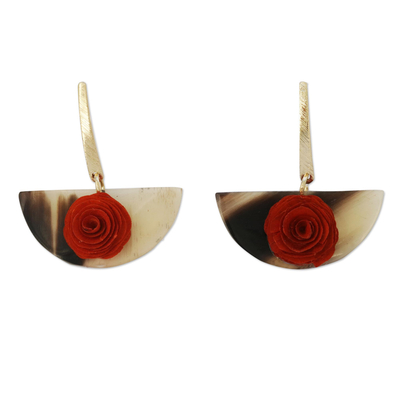 Gold accent wood and horn dangle earrings, 'Rose Half-Moon' - Gold Accent Horn Earrings with a Wooden Rose
