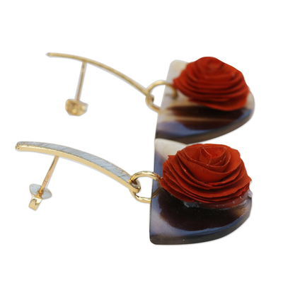 Gold accent wood and horn dangle earrings, 'Rose Half-Moon' - Gold Accent Horn Earrings with a Wooden Rose
