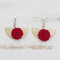 Gold accent wood and horn dangle earrings, 'Pink Rose Half-Moon'