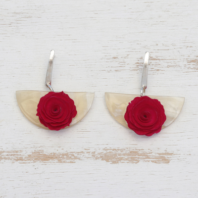 Gold accent wood and horn dangle earrings, 'Pink Rose Half-Moon' - Handcrafted Brazilian Horn Earrings with a Wooden Rose