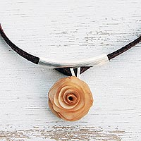 Wood and suede pendant necklace, 'Beige Blossom' - Handcrafted Beige Rose Necklace from Brazil