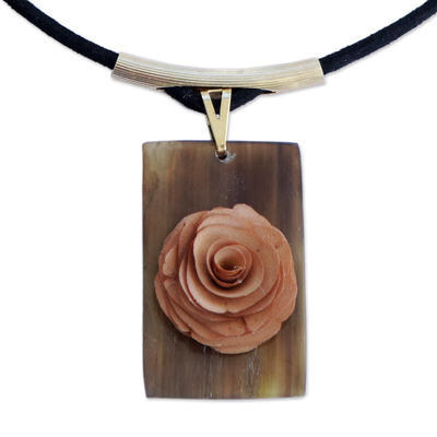 Brown Wood and Horn Flower Pendant Necklace from Brazil