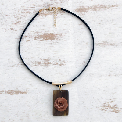 Wood and horn pendant necklace, 'Dusk Rose' - Brown Wood and Horn Flower Pendant Necklace from Brazil