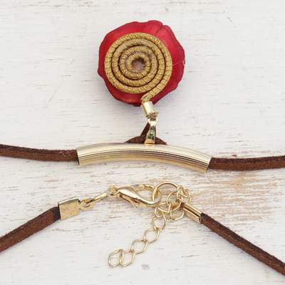 Gold accent wood and suede pendant necklace, 'Vermilion Blossom' - Handcrafted Gold Accent Vermilion Rose Necklace from Brazil