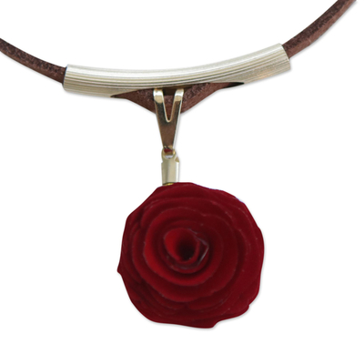 Gold accent wood and suede pendant necklace, 'Vermilion Blossom' - Handcrafted Gold Accent Vermilion Rose Necklace from Brazil