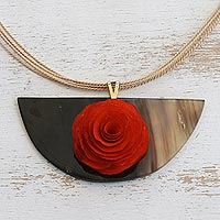 Wood and horn pendant necklace, 'Half-Moon Rose'