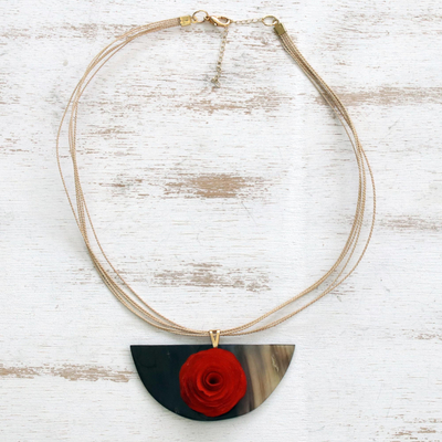 Wood and horn pendant necklace, 'Half-Moon Rose' - Red Wood and Natural Horn Pendant Necklace from Brazil