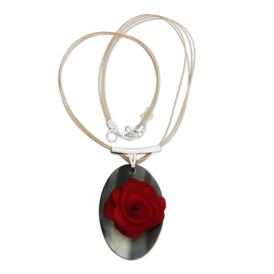 Hand Carved Red Rose and Grey Horn Pendant Necklace