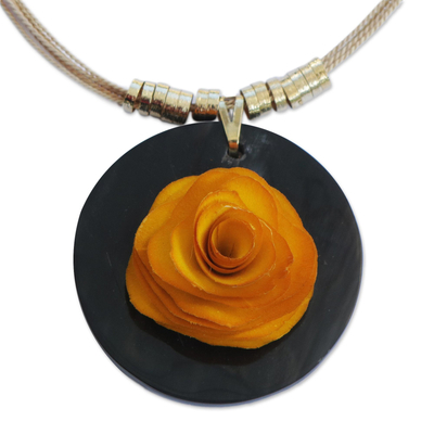 Orange Wood and Horn Flower Pendant Necklace from Brazil
