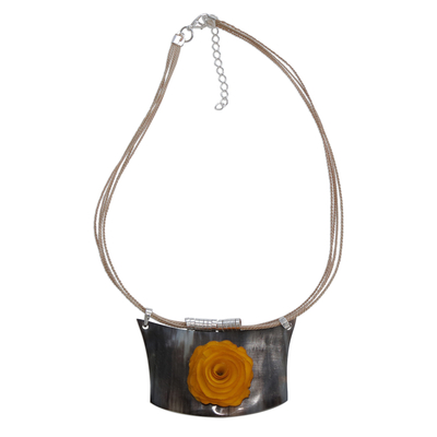 Yellow Flower Wood and Horn Pendant Necklace from Brazil