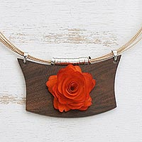 Wood pendant necklace, 'Orange Rose Medallion' - Handcrafted Wood and Natural Fiber Necklace from Brazil
