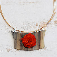 Wood and horn pendant necklace, 'Tangerine Rose Medallion' - Handmade Orange Rose Wood and Horn Pendant Necklace