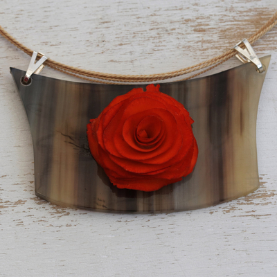 Wood and horn pendant necklace, 'Tangerine Rose Medallion' - Handmade Orange Rose Wood and Horn Pendant Necklace