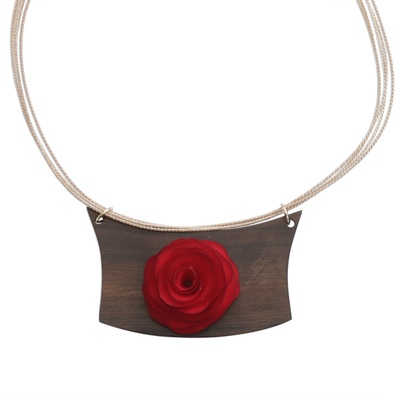Gold accent wood pendant necklace, 'Red Rose Medallion' - Handcrafted Brazilian Red Rose Theme Women's Necklace