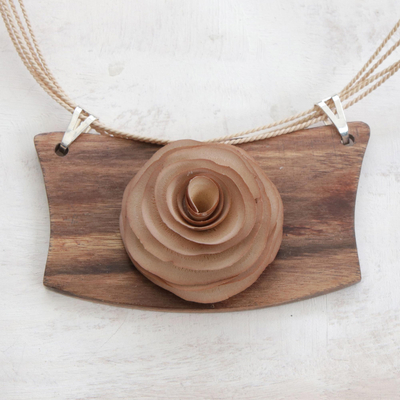 Wood pendant necklace, 'Beige Rose Medallion' - Brazilian Hand Carved Wood Rose Necklace in Beige