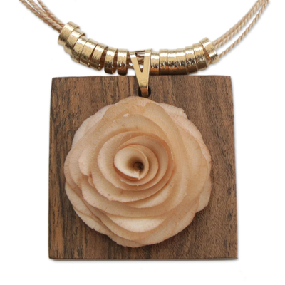 Gold accent wood pendant necklace, 'Beige Forest Flower' - 18k Gold Accent Beige Wooden Rose Necklace from Brazil