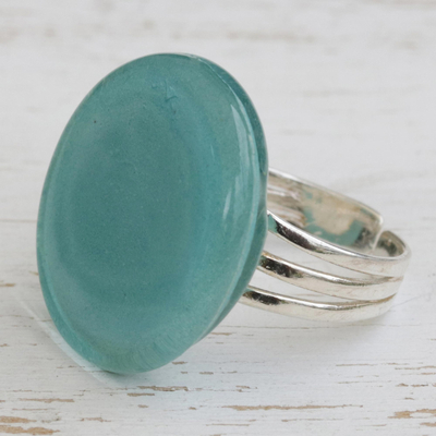Fused glass cocktail ring, 'Tranquil Sky' - Handcrafted Celadon Green Fused Glass Disc Cocktail Ring