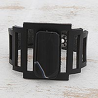 Agate wristband bracelet, 'Midnight and Darkness' - Art Deco Black Leather Wristband Bracelet with Agate