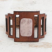 Rose quartz wristband bracelet, 'Chestnut and Rose' - Art Deco Brown Leather Wristband Bracelet with Rose Quartz