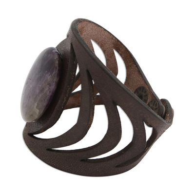 Amethyst wristband bracelet, 'Gemstone Gaze' - Brazilian Amethyst and Brown Leather Wristband Bracelet