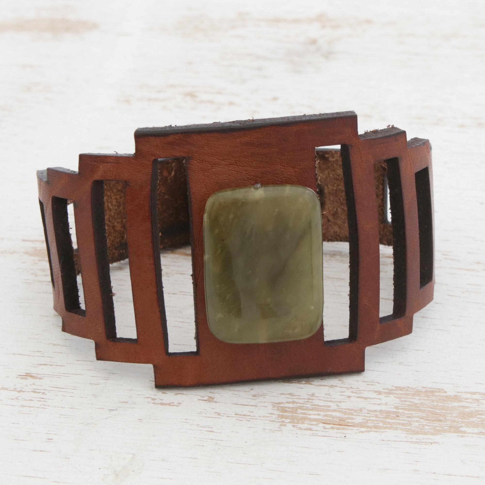Unicef Market Art Deco Brown Leather Wristband Bracelet With Jasper Chestnut And Meadows
