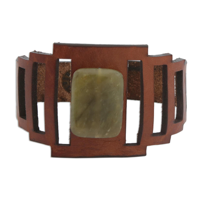 Art Deco Brown Leather Wristband Bracelet with Jasper