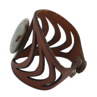 Amazonite wristband bracelet, 'Gemstone Gaze' - Brazilian Amazonite and Brown Leather Wristband Bracelet