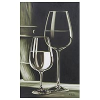 'Glasses' - Pintura en Blanco y Negro de Dos Copas de Vino de Brasil