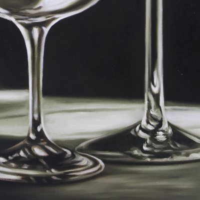 'Glasses' - Black and White Painting of Two Wine Glasses from Brazil