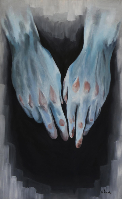 'Hands II' - Expressionist Painting of Two Hands in Blue from Brazil